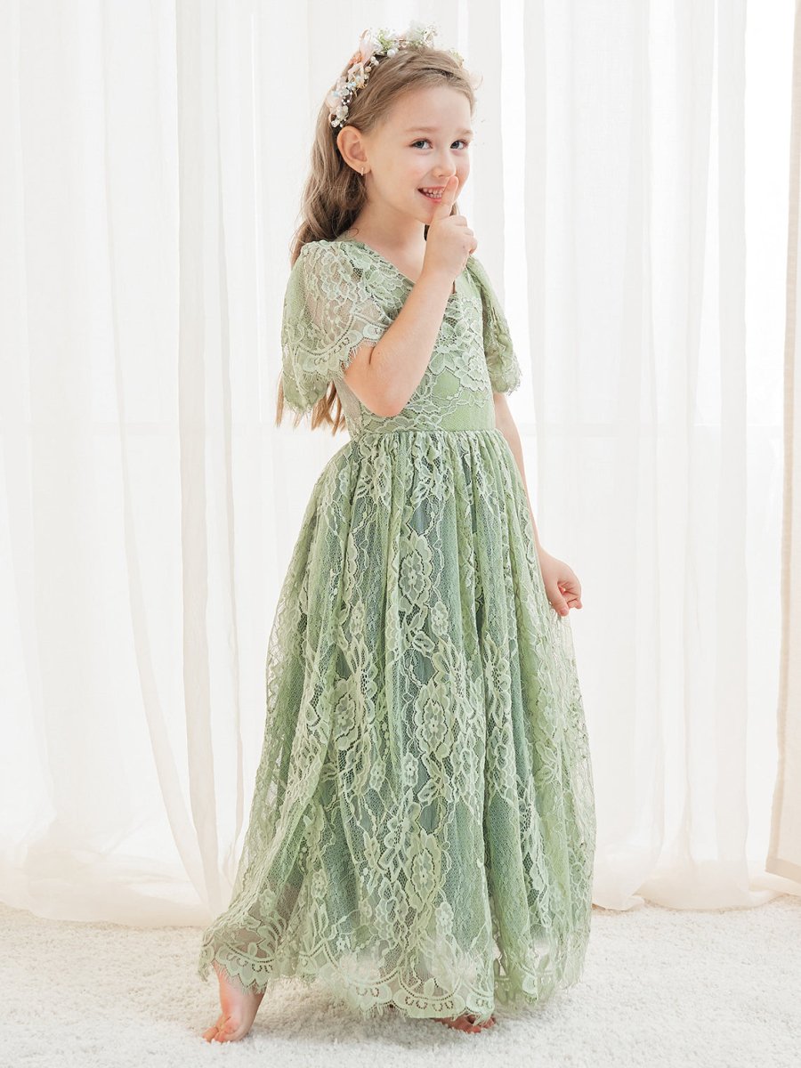 NumberSea - A - line Lace Ankle - length Ivory Boho Flower Girl Dress