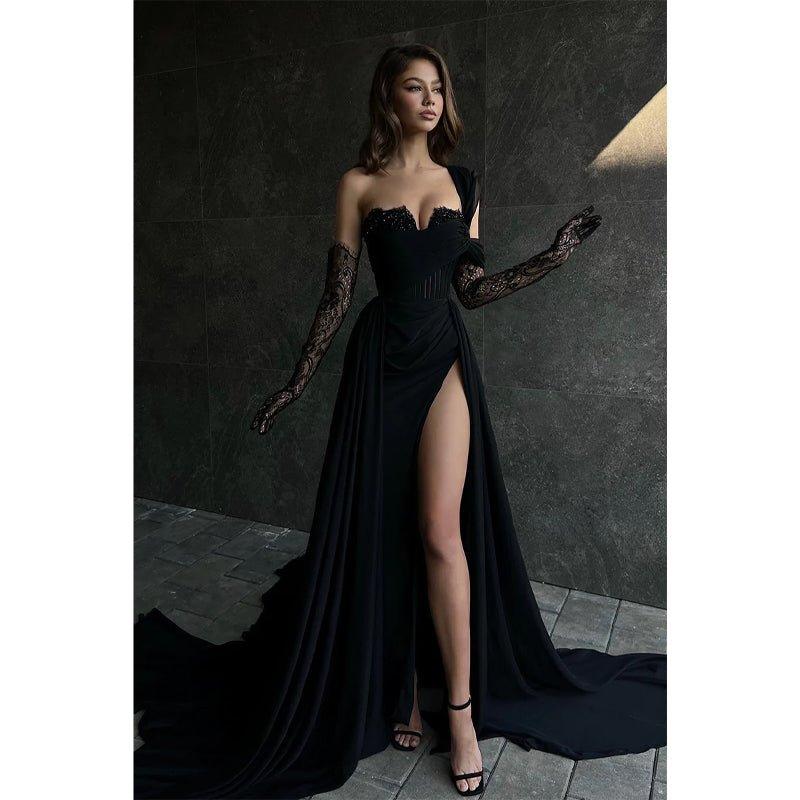 NumberSea - A Line Lace Appliques High Split Black Long Prom Formal Dress