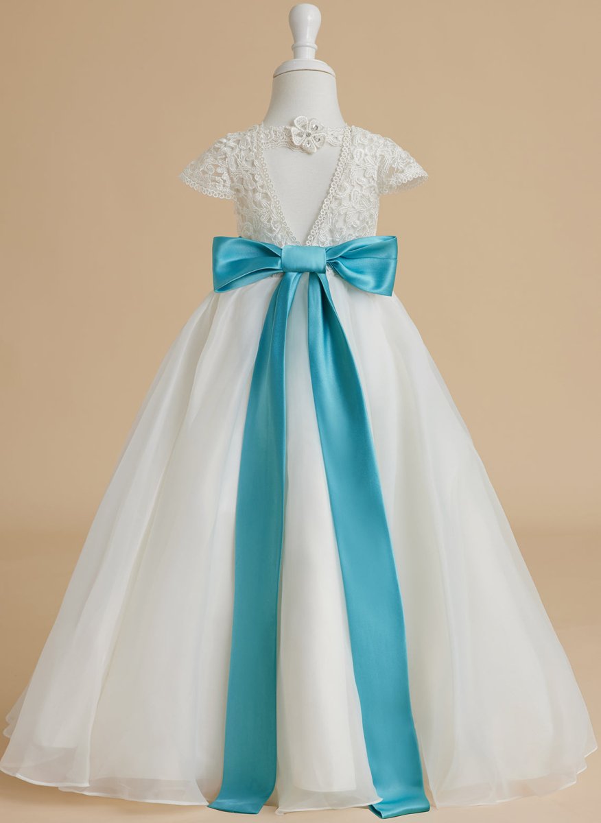 NumberSea - A - line Lace Organza Ankle - length Ivory Flower Girl Dress