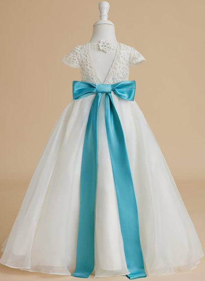 NumberSea - A - line Lace Organza Ankle - length Ivory Flower Girl Dress