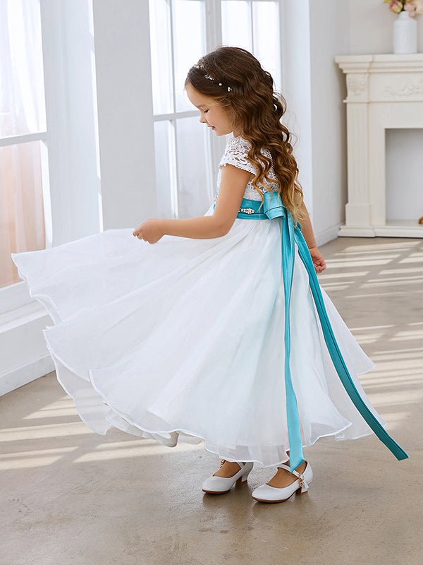 NumberSea - A - line Lace Organza Ankle - length Ivory Flower Girl Dress