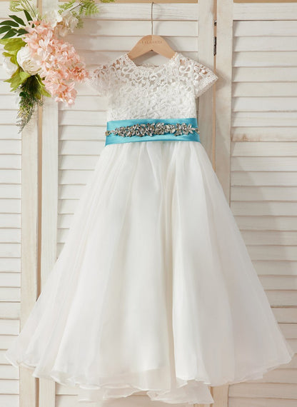 NumberSea - A - line Lace Organza Ankle - length Ivory Flower Girl Dress