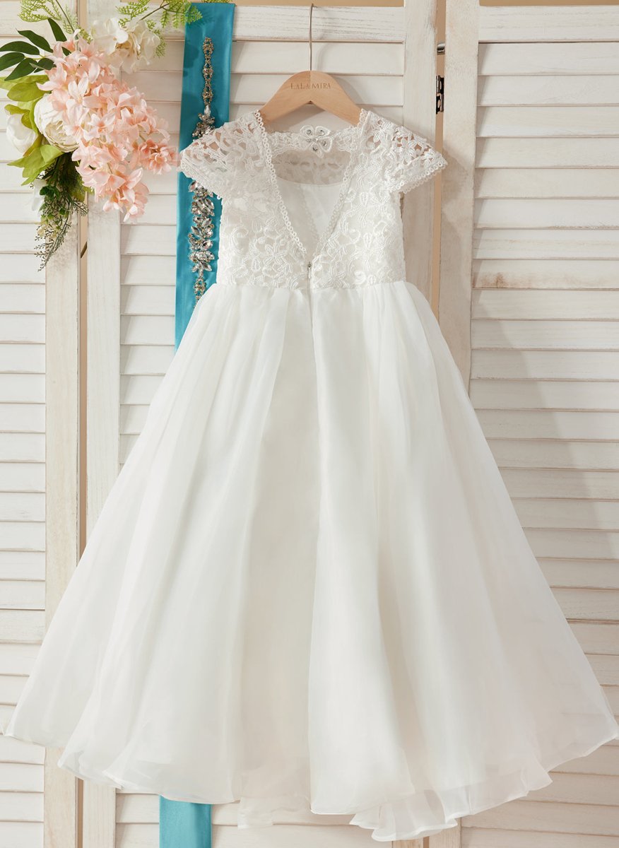 NumberSea - A - line Lace Organza Ankle - length Ivory Flower Girl Dress