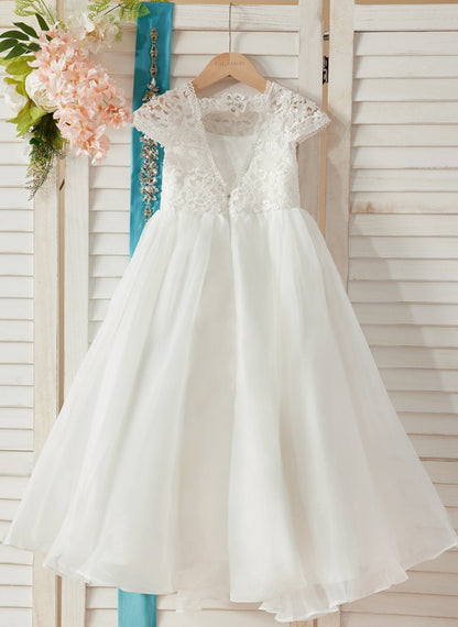 NumberSea - A - line Lace Organza Ankle - length Ivory Flower Girl Dress