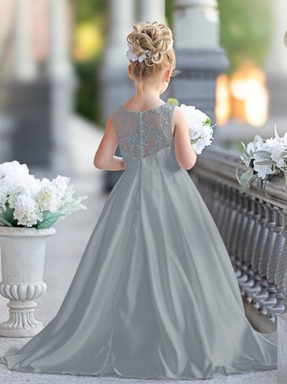 NumberSea - A - line Lace Satin Floor - length First Communion Flower Girl Dress