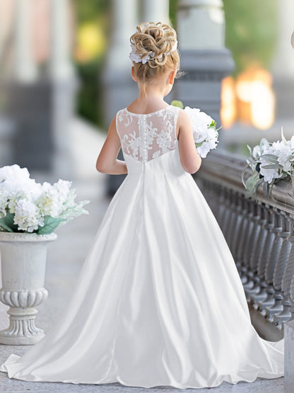 NumberSea - A - line Lace Satin Floor - length First Communion Flower Girl Dress