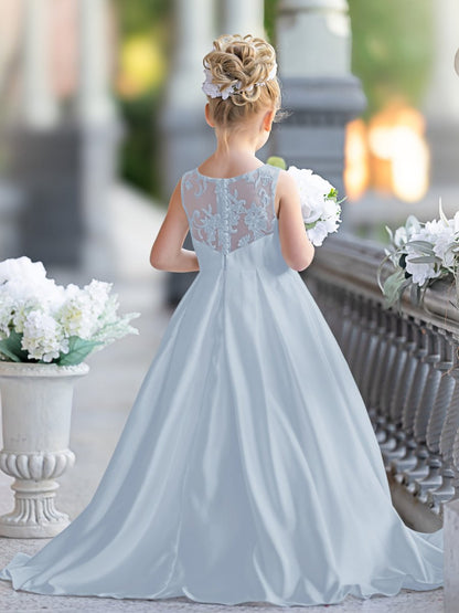 NumberSea - A - line Lace Satin Floor - length First Communion Flower Girl Dress