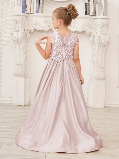 NumberSea - A - line Lace Satin Floor - length Flower Girl Dress