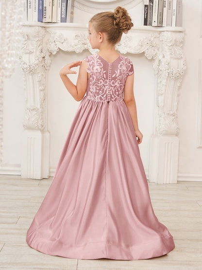 NumberSea - A - line Lace Satin Floor - length Flower Girl Dress