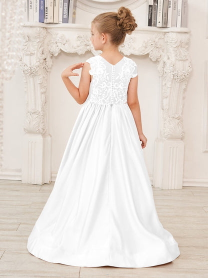 NumberSea - A - line Lace Satin Floor - length Flower Girl Dress