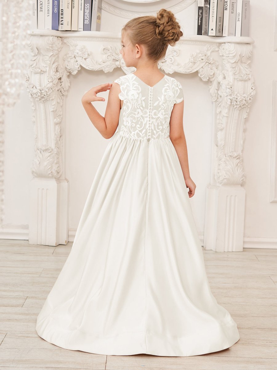 NumberSea - A - line Lace Satin Floor - length Flower Girl Dress