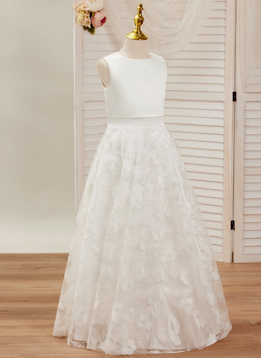 NumberSea - A - line Lace Satin Floor - length Ivory Dress (010146741)