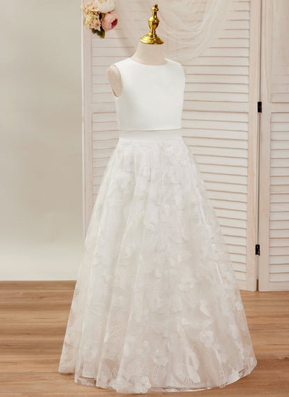 NumberSea - A - line Lace Satin Floor - length Ivory Dress (010146741)