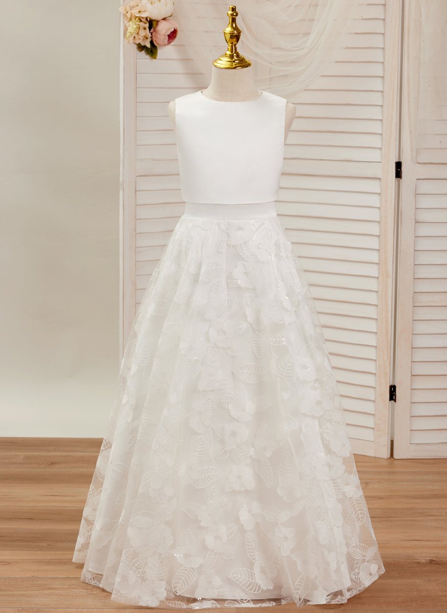 NumberSea - A - line Lace Satin Floor - length Ivory Dress (010146741)