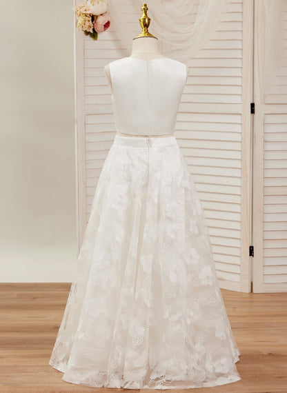 NumberSea - A - line Lace Satin Floor - length Ivory Dress (010146741)