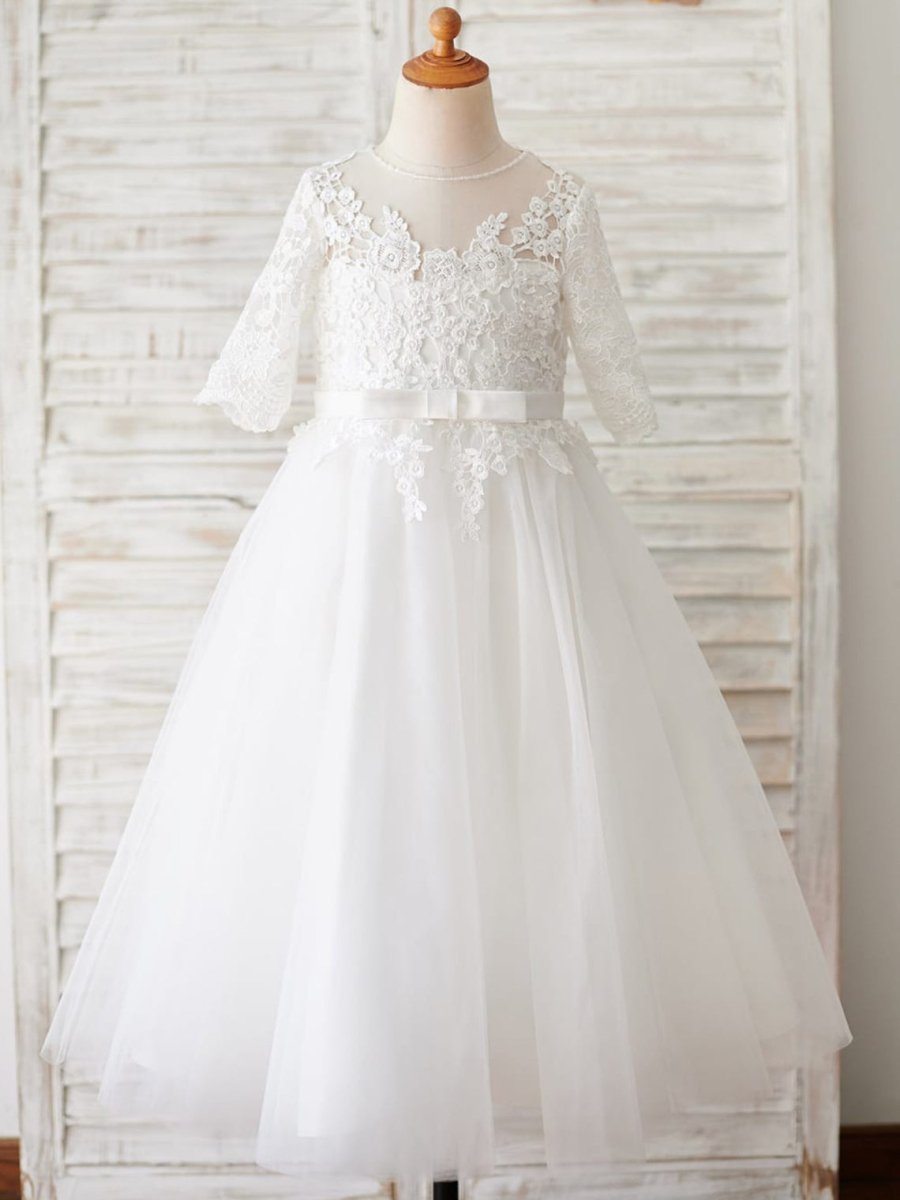 NumberSea - A - line Lace Tulle Floor - length First Communion Flower Girl Dress