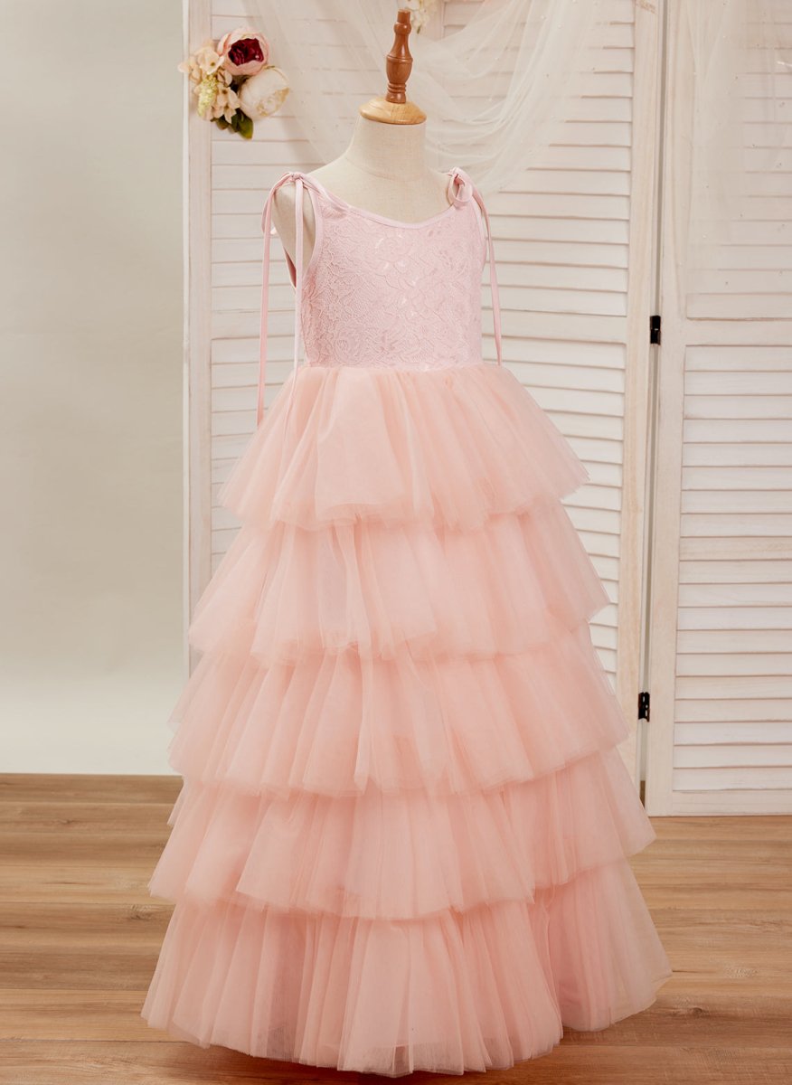 NumberSea - A - line Lace Tulle Floor - length Pink Dress (010220942)