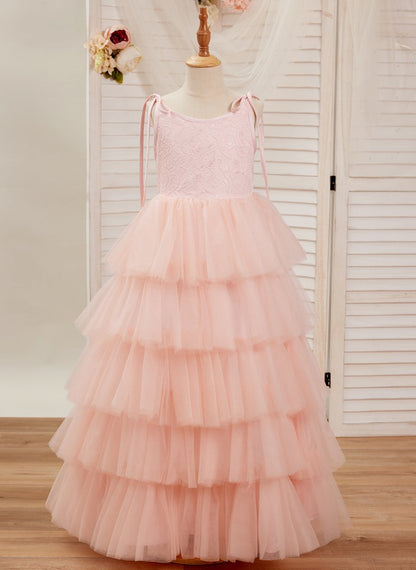 NumberSea - A - line Lace Tulle Floor - length Pink Dress (010220942)