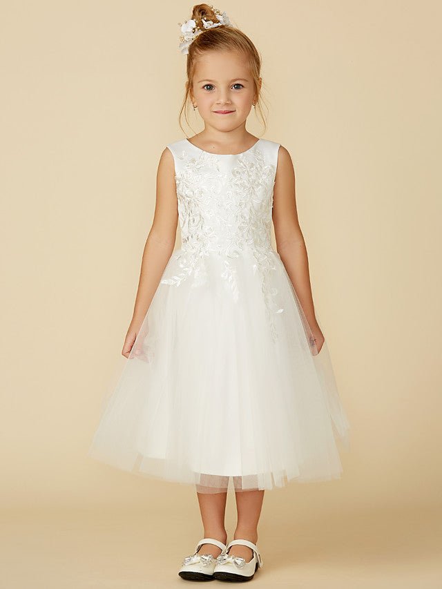 NumberSea - A - Line Lace Tulle Sleeveless Jewel Neck Wedding First Communion Flower Girl Dresses