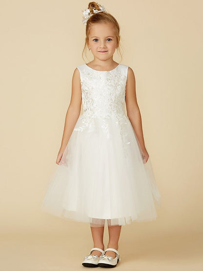 NumberSea - A - Line Lace Tulle Sleeveless Jewel Neck Wedding First Communion Flower Girl Dresses