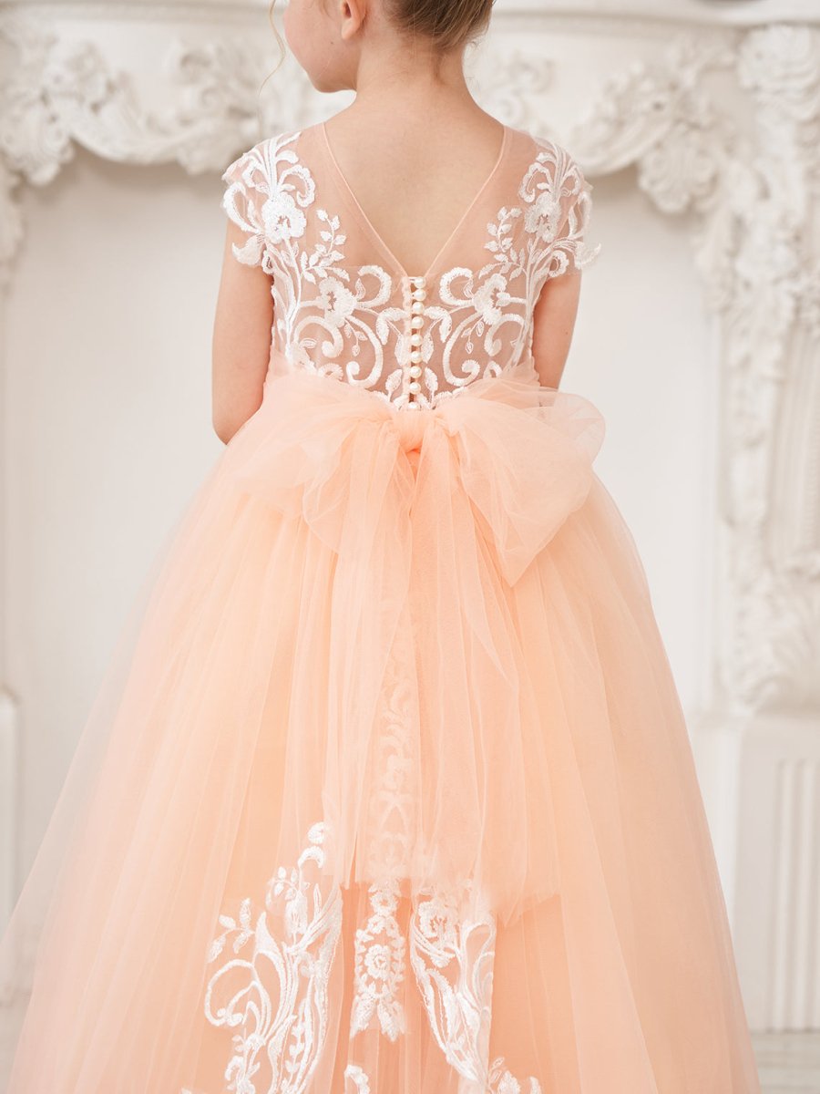 NumberSea - A - line Lace Tulle Sweep Train Pink Flower Girl Dress