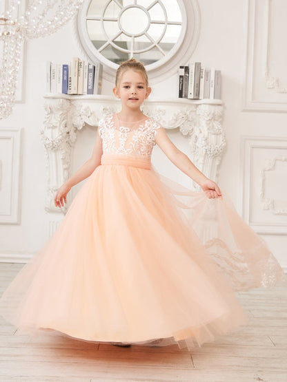 NumberSea - A - line Lace Tulle Sweep Train Pink Flower Girl Dress