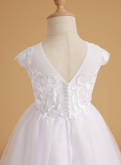 NumberSea - A - line Lace Tulle Sweep Train Pink Flower Girl Dress