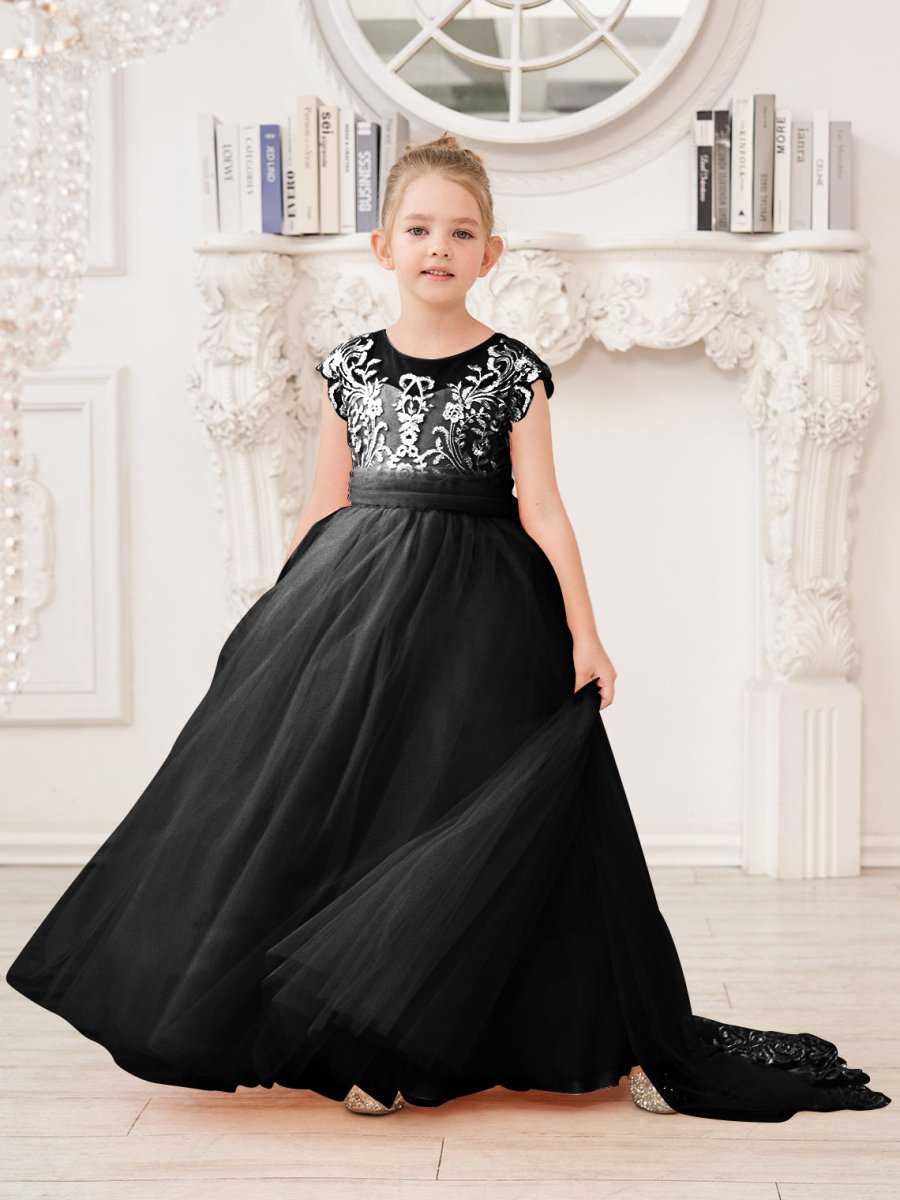 NumberSea - A - line Lace Tulle Sweep Train Pink Flower Girl Dress