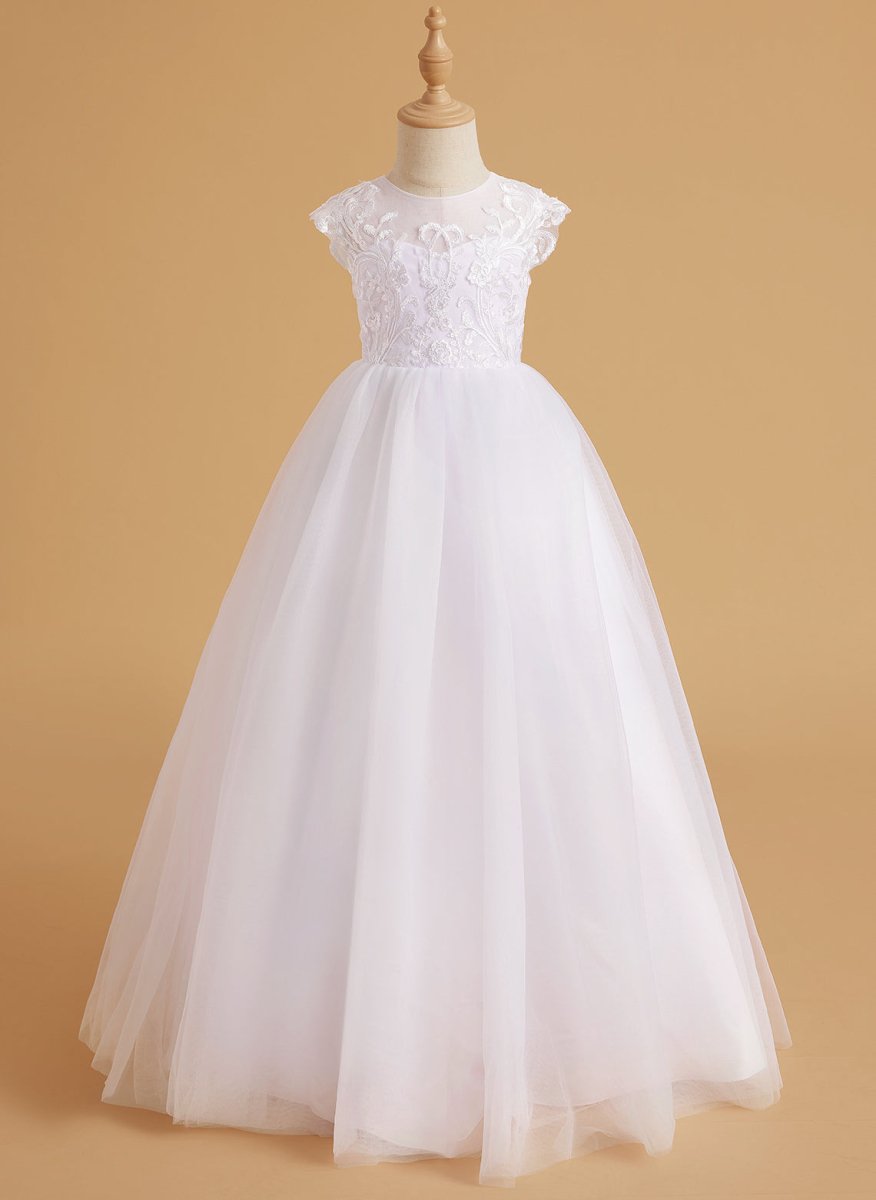 NumberSea - A - line Lace Tulle Sweep Train Pink Flower Girl Dress