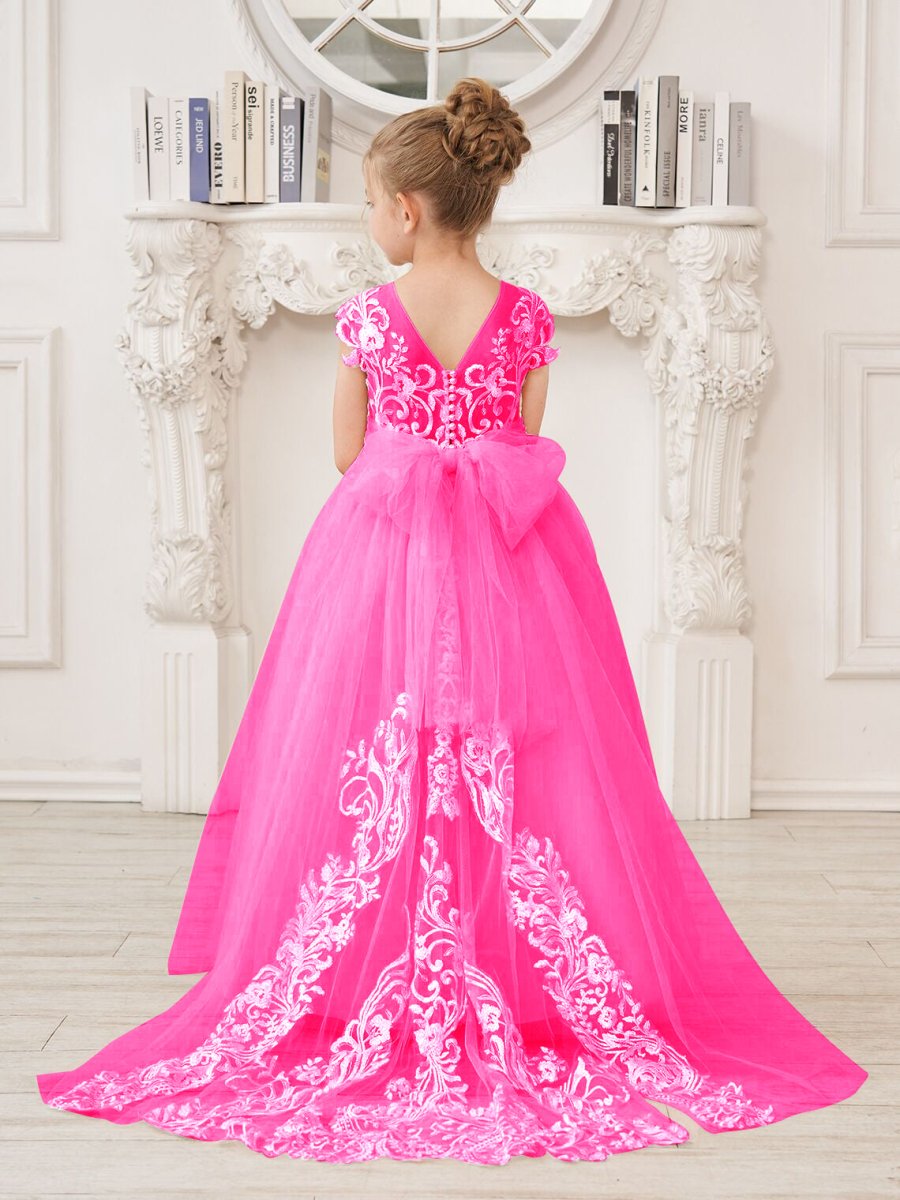 NumberSea - A - line Lace Tulle Sweep Train Pink Flower Girl Dress