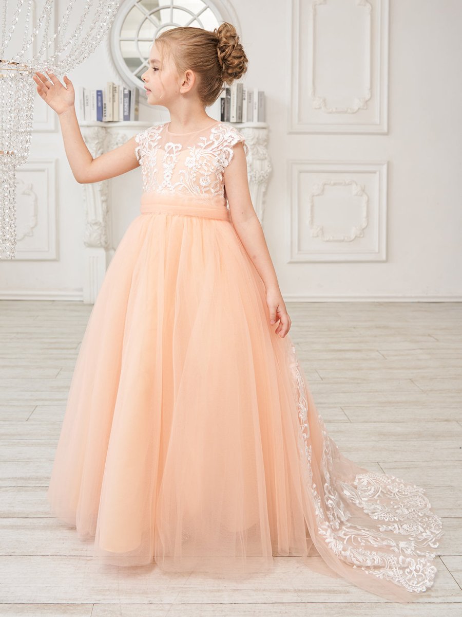 NumberSea - A - line Lace Tulle Sweep Train Pink Flower Girl Dress