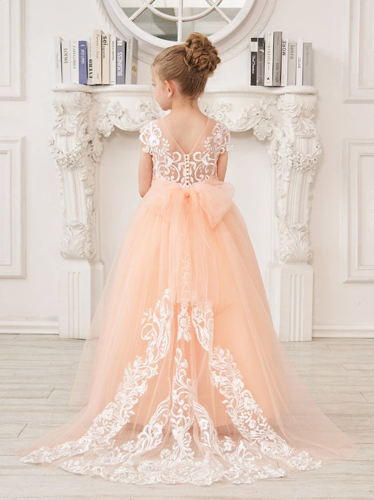 NumberSea - A - line Lace Tulle Sweep Train Pink Flower Girl Dress