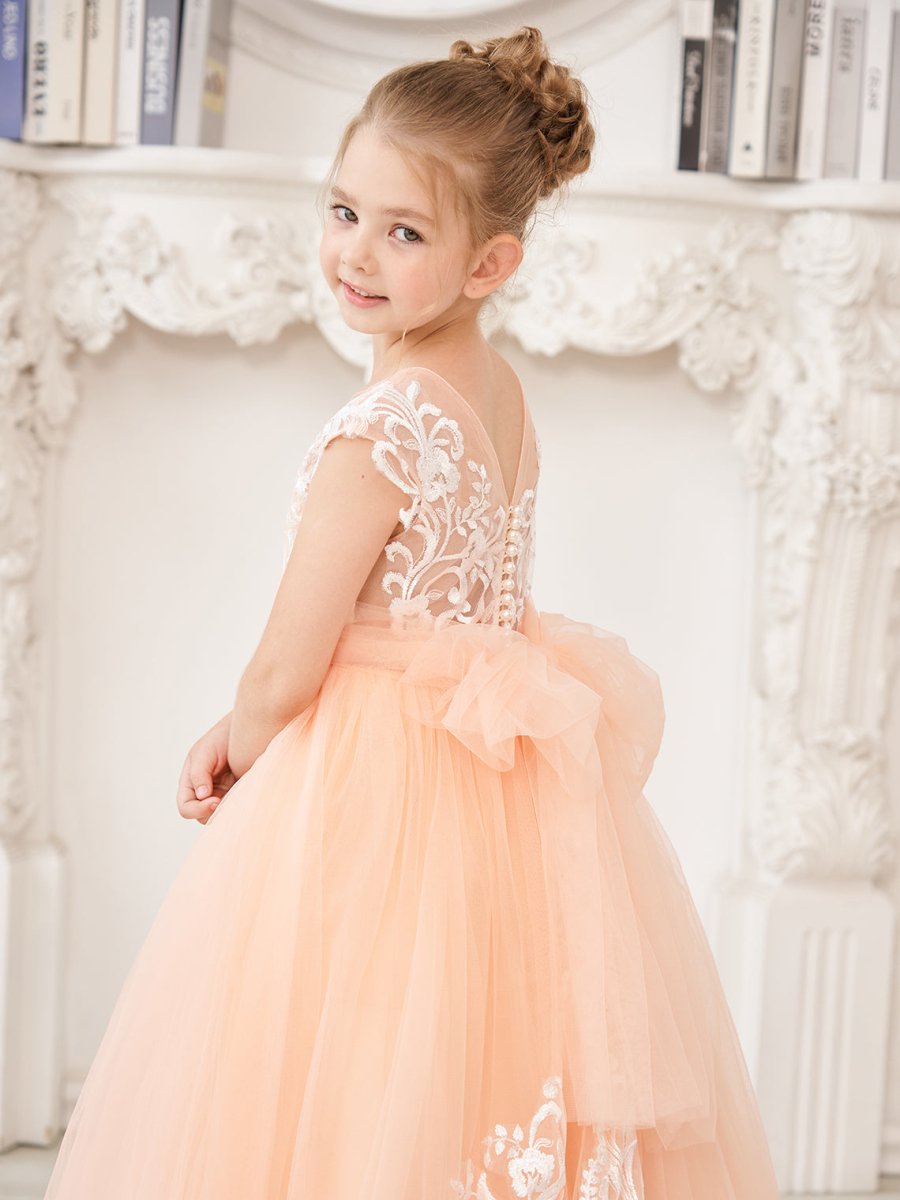 NumberSea - A - line Lace Tulle Sweep Train Pink Flower Girl Dress