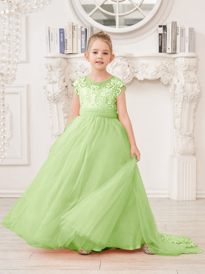 NumberSea - A - line Lace Tulle Sweep Train Pink Flower Girl Dress