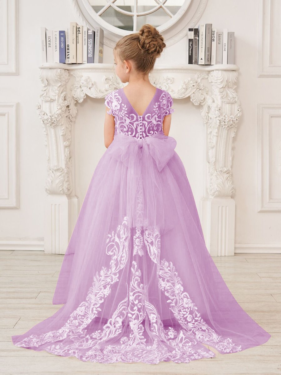 NumberSea - A - line Lace Tulle Sweep Train Pink Flower Girl Dress