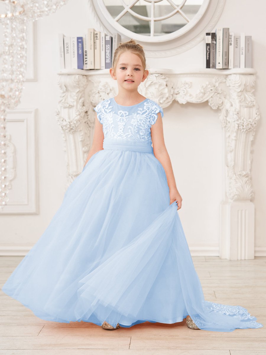 NumberSea - A - line Lace Tulle Sweep Train Pink Flower Girl Dress