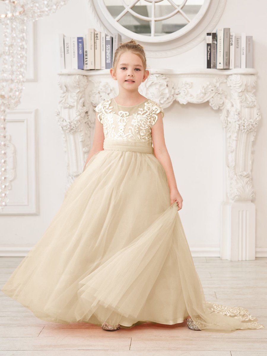 NumberSea - A - line Lace Tulle Sweep Train Pink Flower Girl Dress