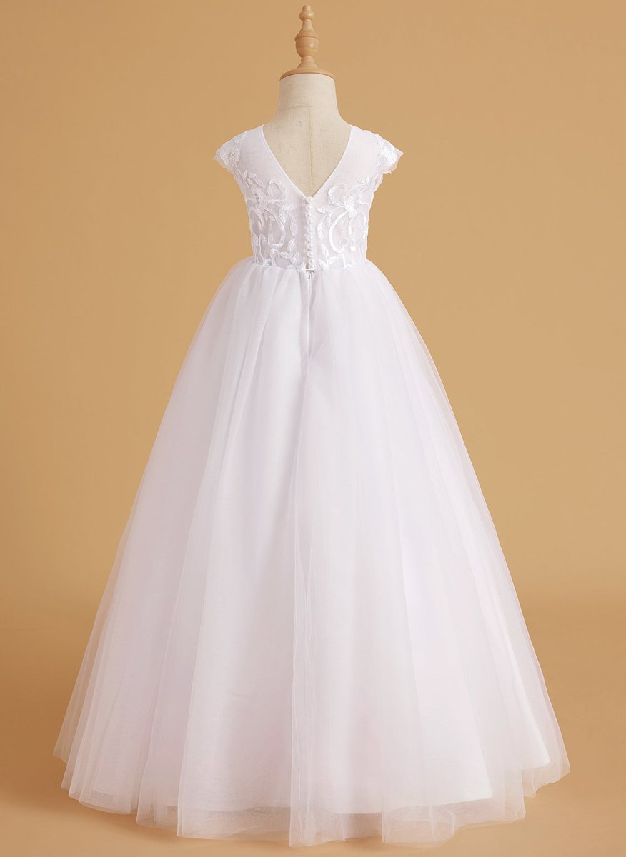 NumberSea - A - line Lace Tulle Sweep Train Pink Flower Girl Dress