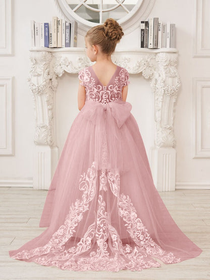 NumberSea - A - line Lace Tulle Sweep Train Pink Flower Girl Dress