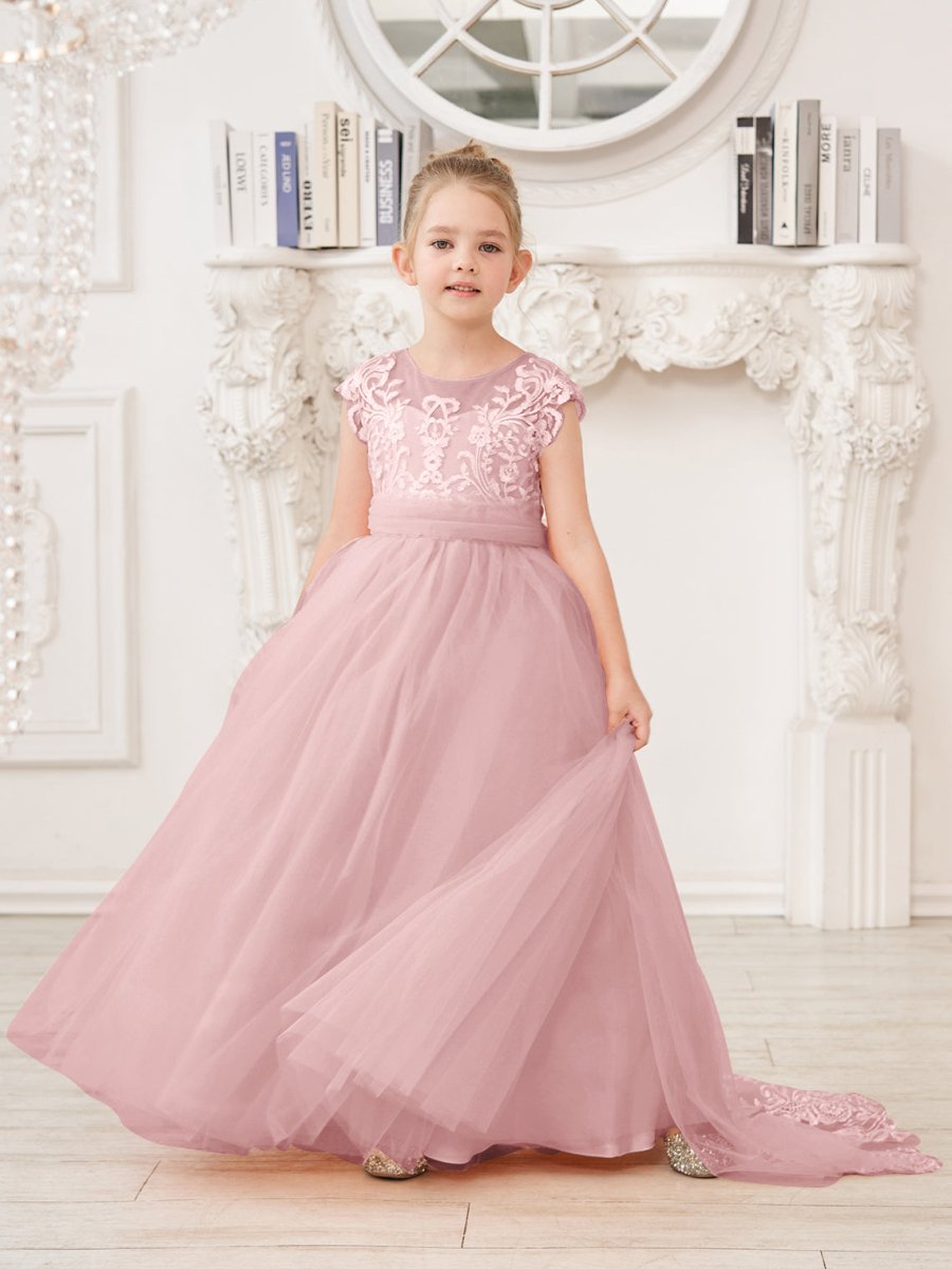 NumberSea - A - line Lace Tulle Sweep Train Pink Flower Girl Dress