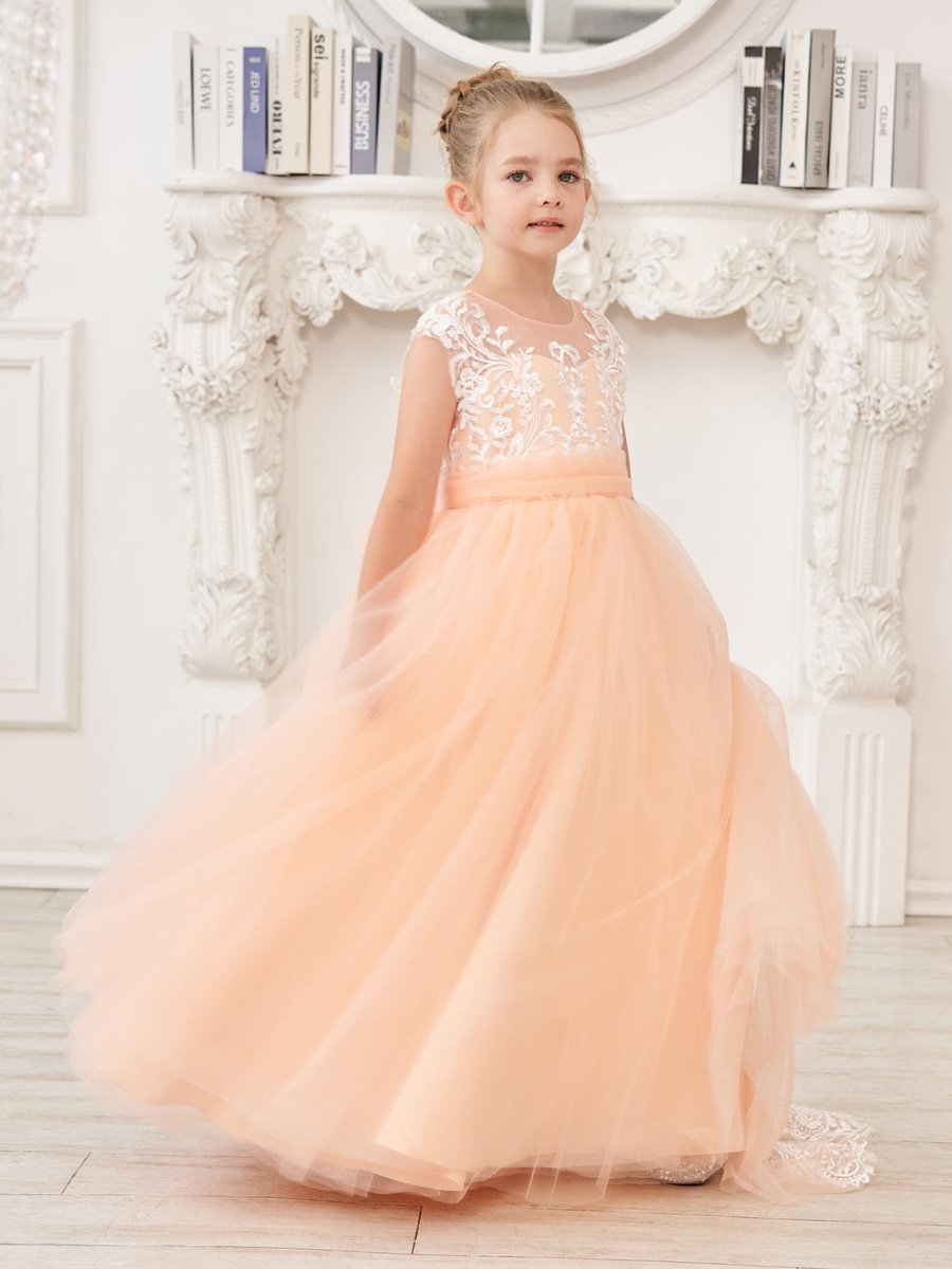 NumberSea - A - line Lace Tulle Sweep Train Pink Flower Girl Dress