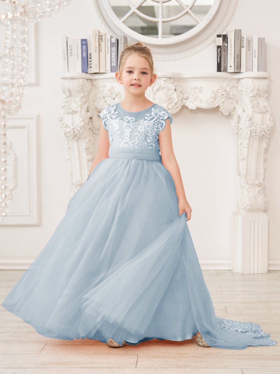 NumberSea - A - line Lace Tulle Sweep Train Pink Flower Girl Dress