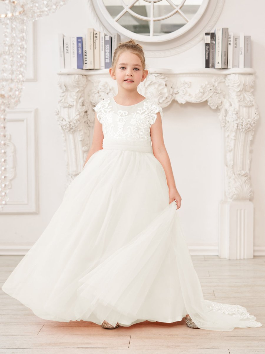 NumberSea - A - line Lace Tulle Sweep Train Pink Flower Girl Dress