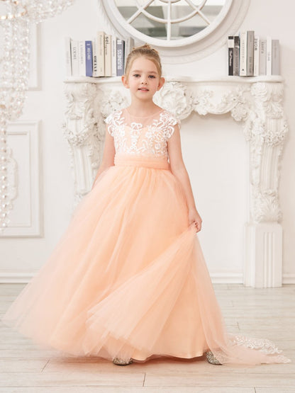 NumberSea - A - line Lace Tulle Sweep Train Pink Flower Girl Dress