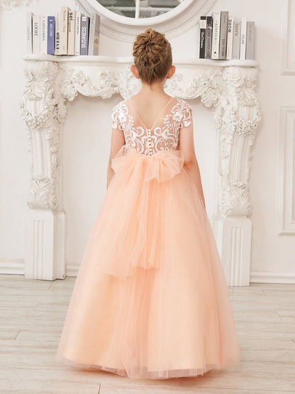 NumberSea - A - line Lace Tulle Sweep Train Pink Flower Girl Dress