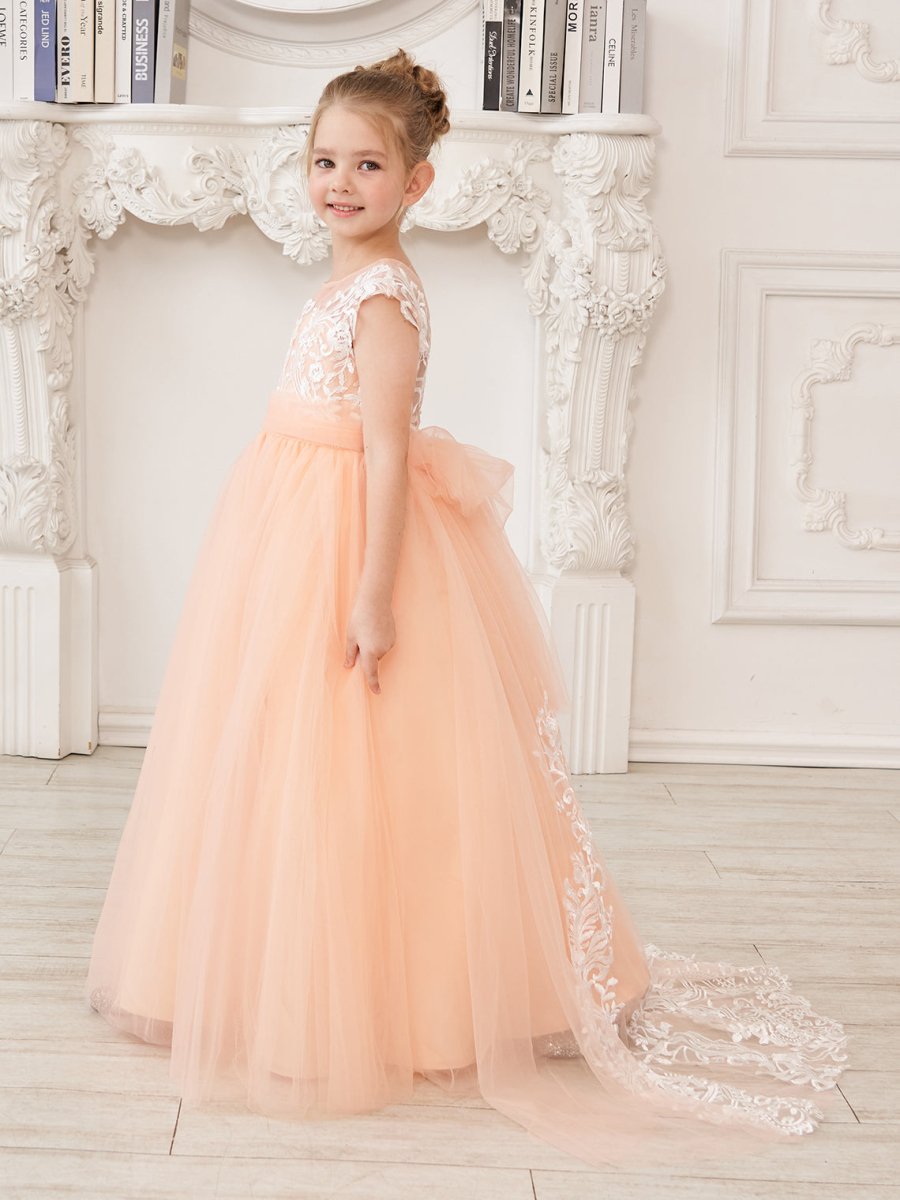 NumberSea - A - line Lace Tulle Sweep Train Pink Flower Girl Dress