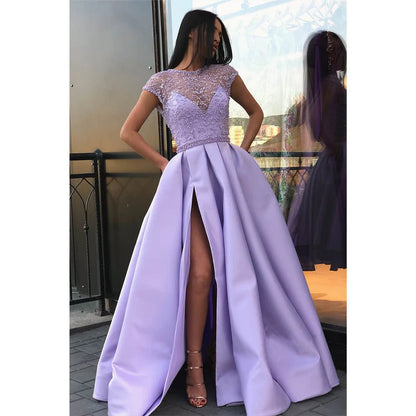 NumberSea - A - line Lilac Satin Illusion Lace Top with Beadings High Split Long Prom Dress with Pockets