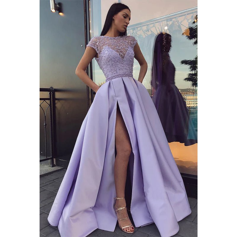 NumberSea - A - line Lilac Satin Illusion Lace Top with Beadings High Split Long Prom Dress with Pockets