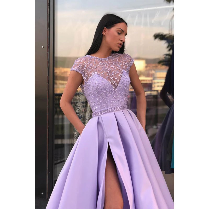 NumberSea - A - line Lilac Satin Illusion Lace Top with Beadings High Split Long Prom Dress with Pockets