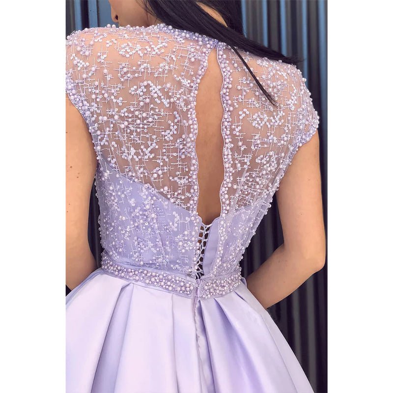 NumberSea - A - line Lilac Satin Illusion Lace Top with Beadings High Split Long Prom Dress with Pockets